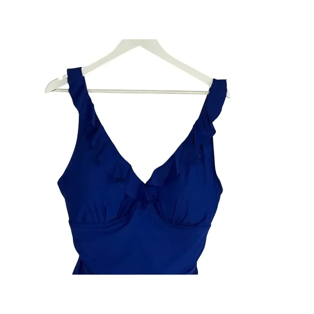 DKNY WOMENS SIZE XLARGE RUFFLE PLUNGE UNDERWIRE ONE PIECE SWIMSUIT BLUE NEW